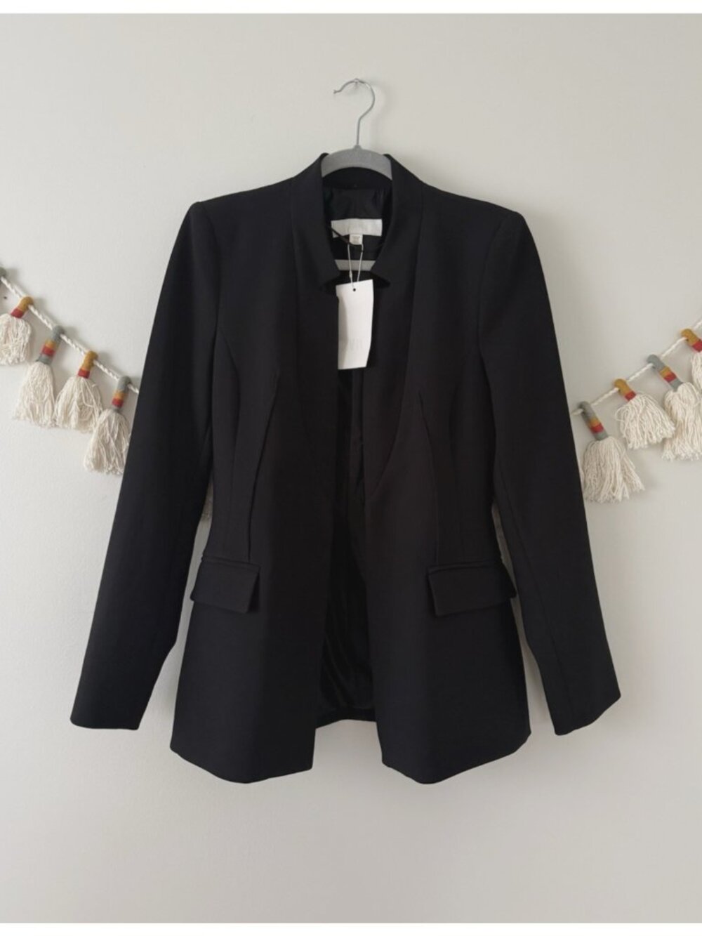 Zara Fitted Lapel High Neck Open Front Blazer Black Padded Minimalist Modest NWT
